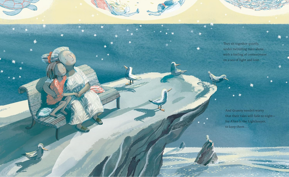 Illustration from Girl and the Mermaid showing a girl and her grandmother sitting on a bench by the sea under a starry sky.