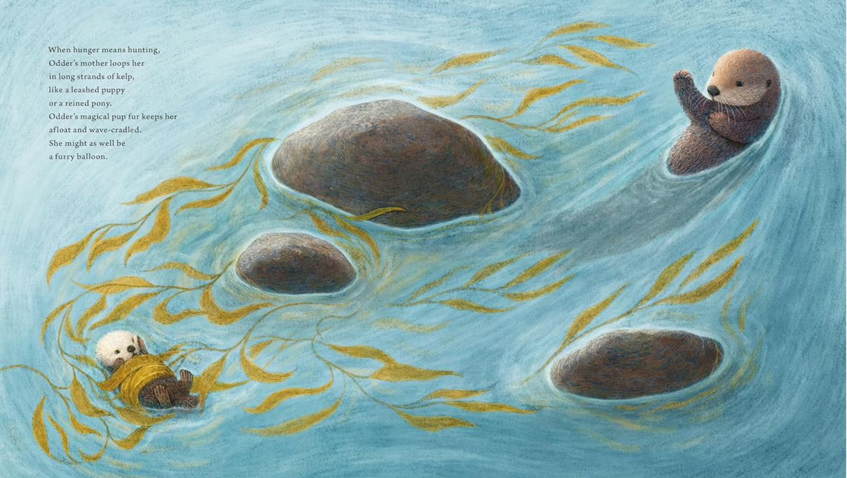 Illustration from Odder - An Otter's Story showing playful otter pups swimming among kelp and rocks underwater.