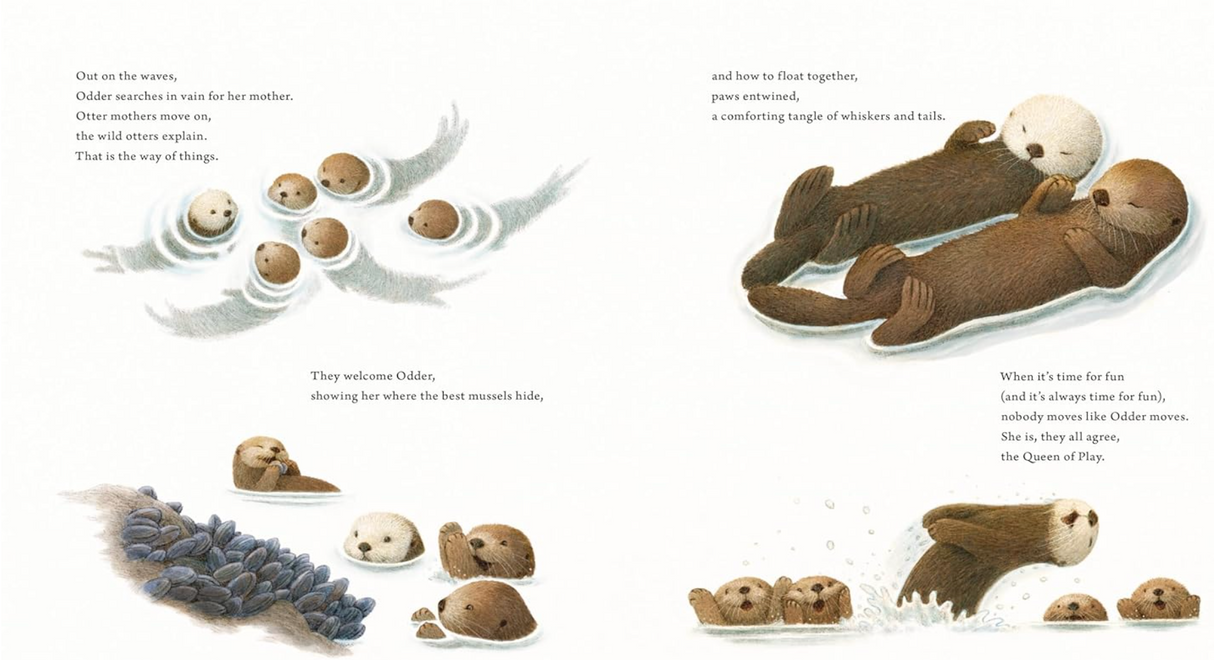 Odder - An Otter's Story showing playful otter pups swimming and resting, capturing underwater life and family bonds.