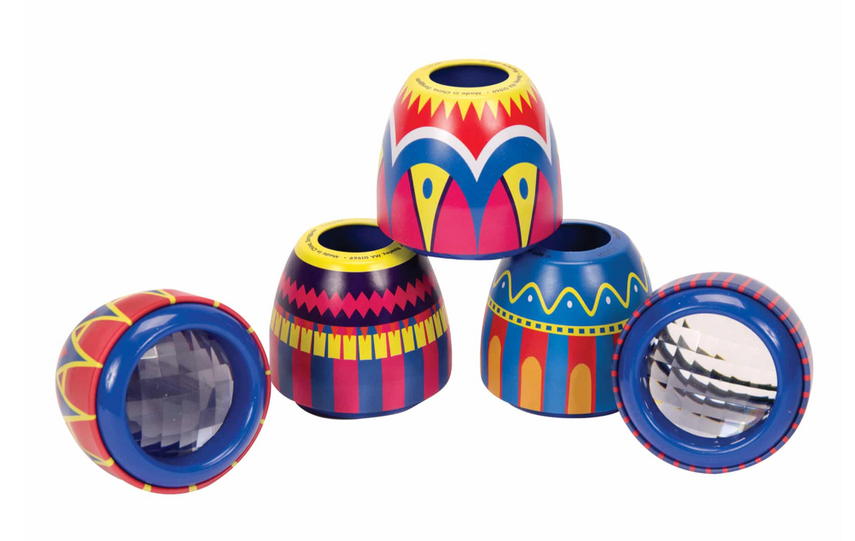 Colorful tin Fly's Eyes with vibrant patterns, perfect for playful zooming and imaginative fun for kids age 3 and up.