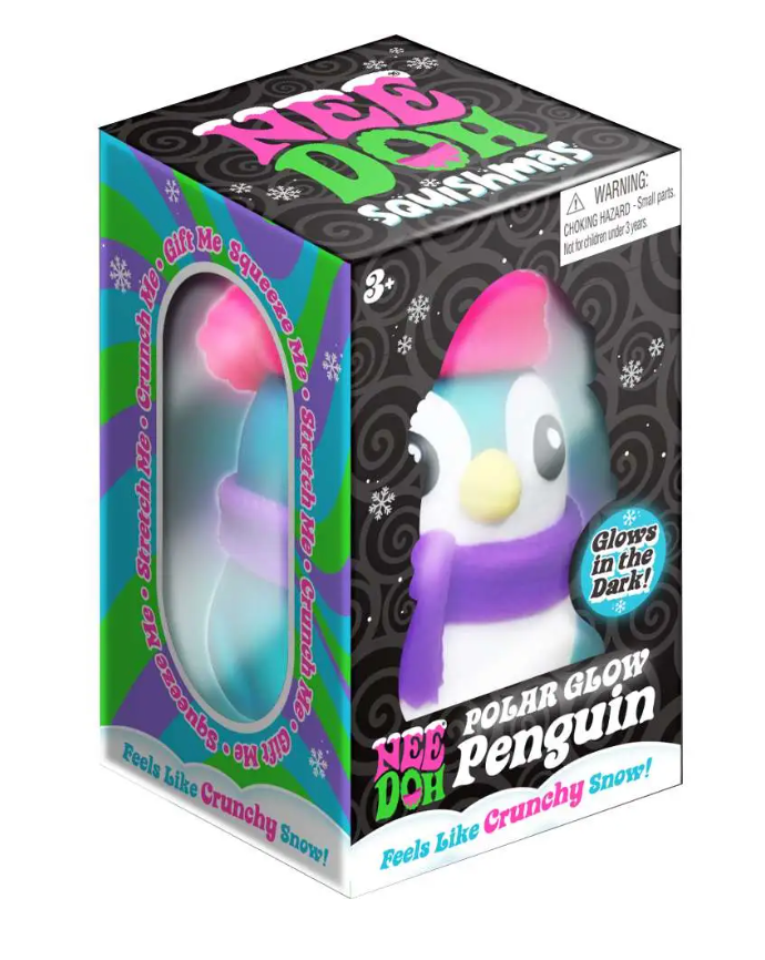 NeeDoh Polar Glow Penguin toy packaged in a colorful box with a glowing penguin figure inside for ages 3 and up.
