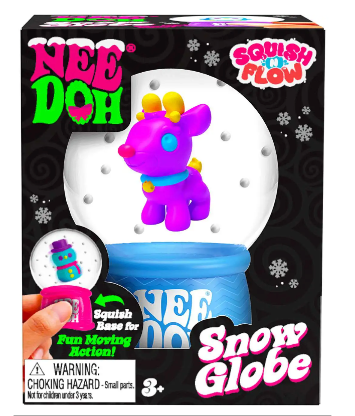 NeeDoh Squish n Flow Snow Globe with purple reindeer figure and blue base for ages 3 and up packaging view