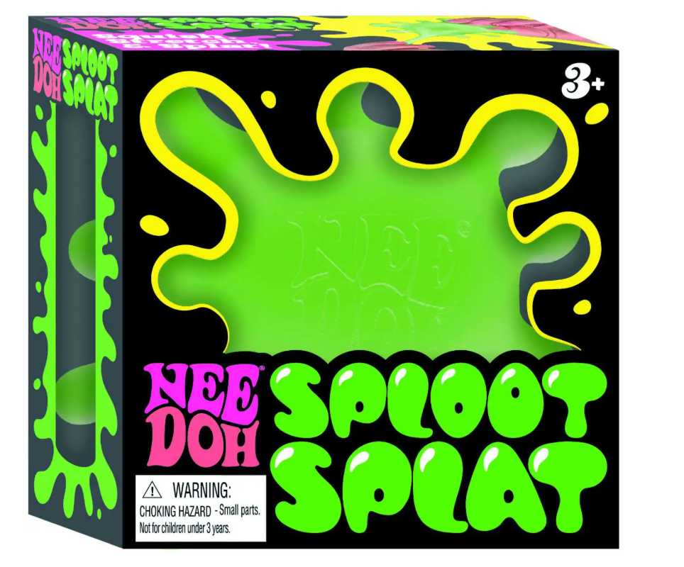 NeeDoh Sploot Splat sensory toy in green with squishy blob extensions for tactile fun, suitable for ages 3 and up.