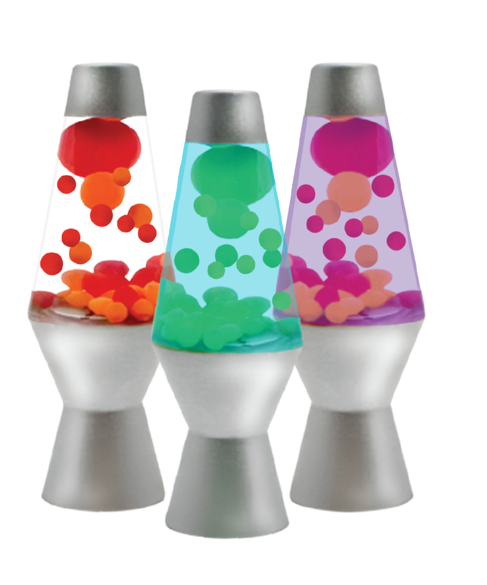Three assorted colorful Lava Squish n Flow sensory lava lamps with flowing lava globs in red, green, and purple colors.