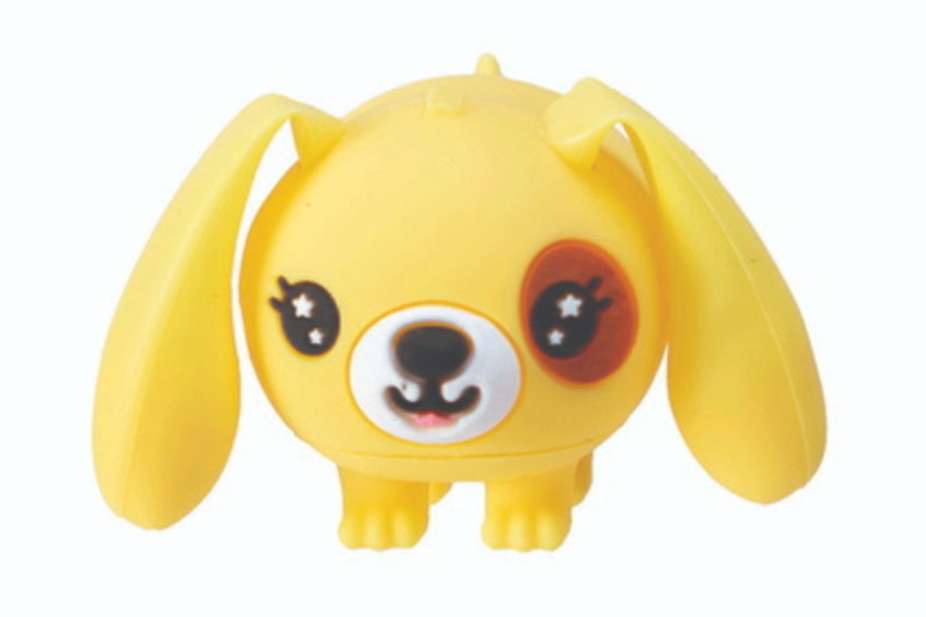 Perk Ups! yellow puppy toy with floppy ears, squeezable body, and a happy face for playful excitement.