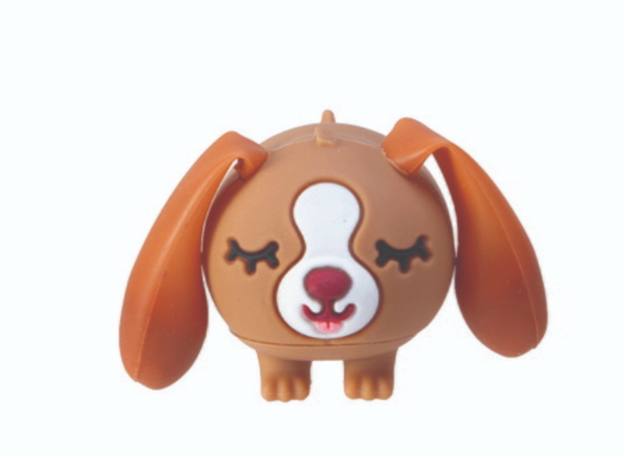 Perk Ups! brown puppy toy with floppy ears that perk up when squeezed, fits in the palm of your hand.