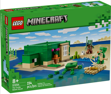 LEGO Minecraft The Turtle Beach House set with turtle-shaped house, characters, baby turtles, and raft building toy for kids 8+ years.