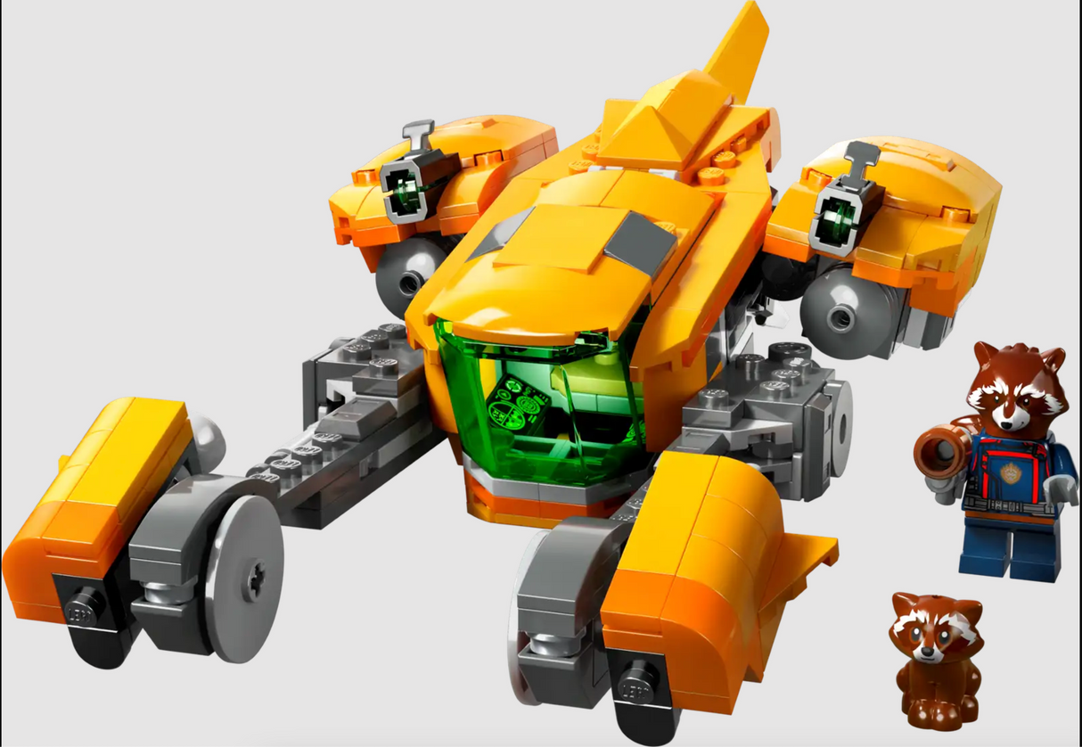 Super Heroes Marvel Baby Rocket's Ship buildable toy with opening cockpit, stud shooters, and Baby Rocket minifigure.