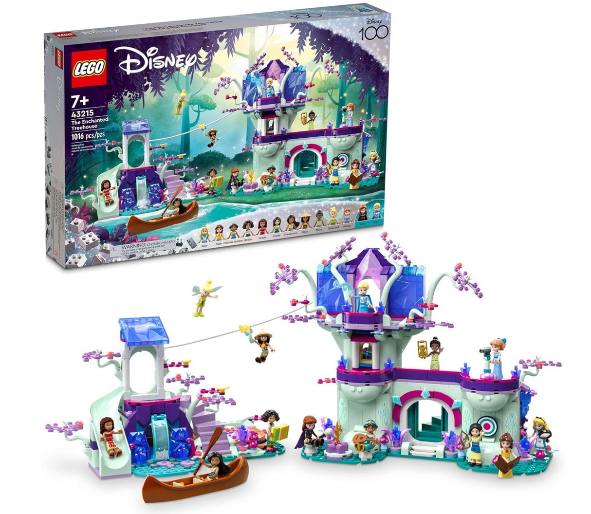 Disney The Enchanted Treehouse set with princess mini-dolls, 2-level treehouse, waterfall, and zip line play features.