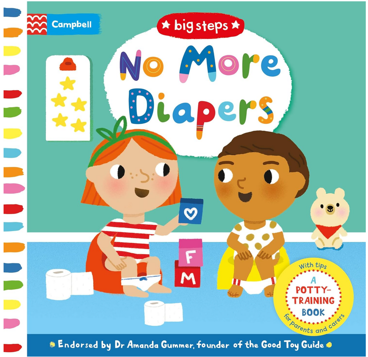 No More Diapers book cover with two children potty-training and colorful playful illustrations.