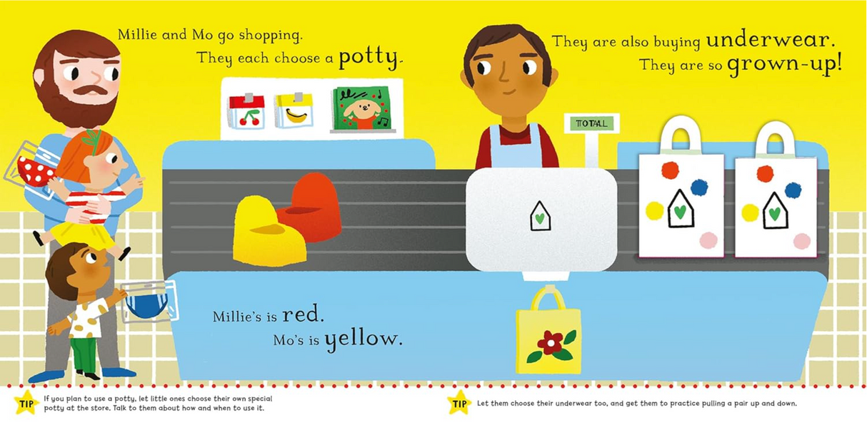No More Diapers interactive board book page showing children choosing colorful potties at a store checkout.