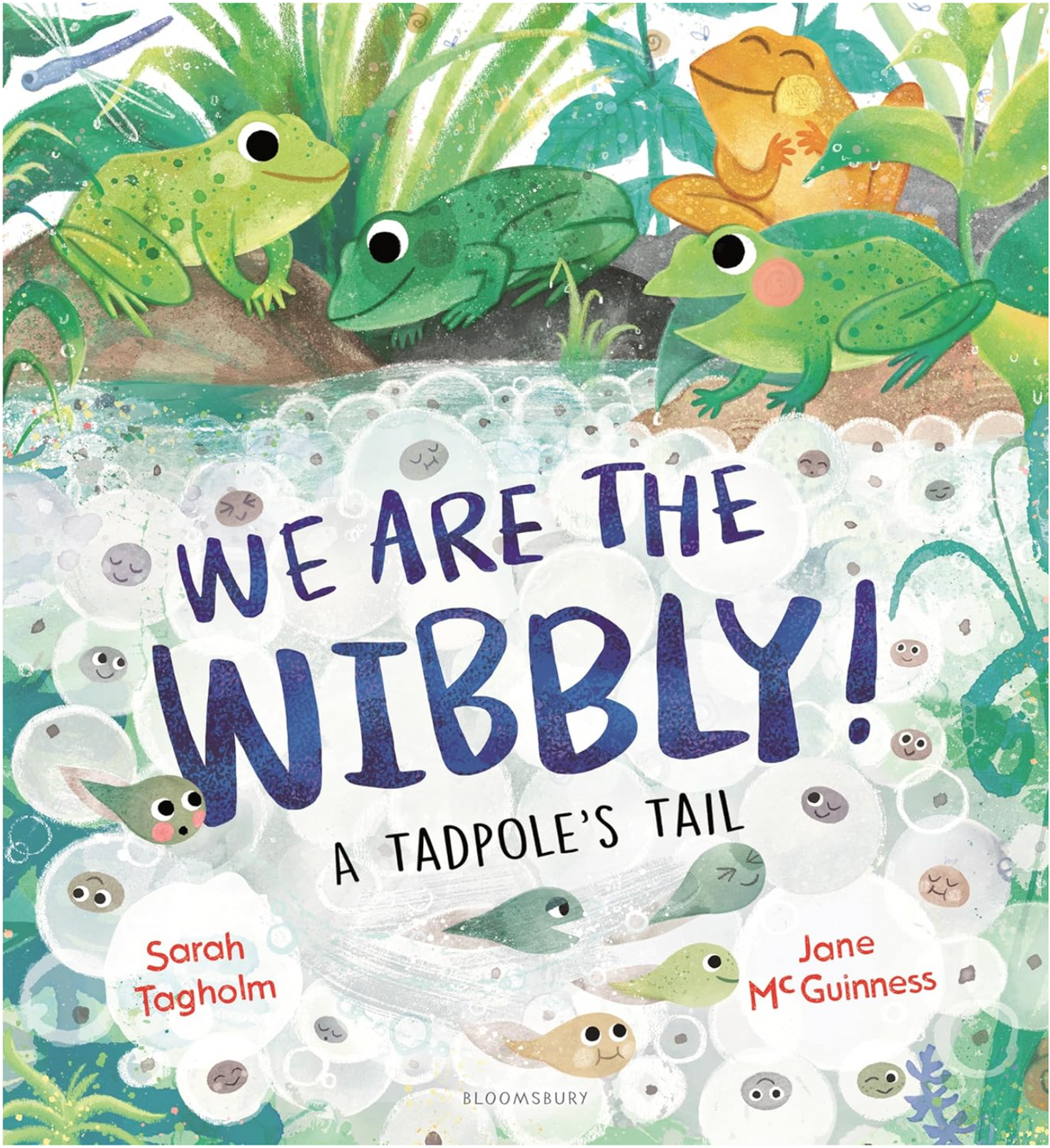Illustrated cover of We Are the Wibbly! showing colorful frogs and tadpoles in a lively pond setting.
