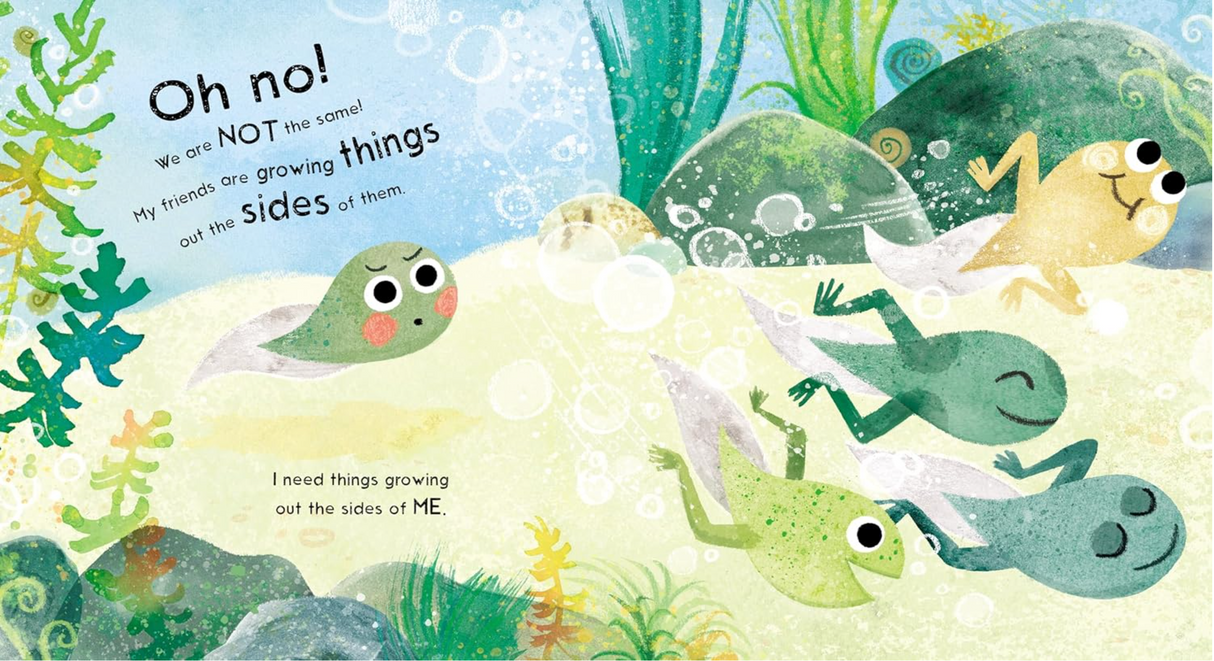 We Are the Wibbly! illustration showing a tadpole and friends growing and adapting underwater in a playful, colorful scene.