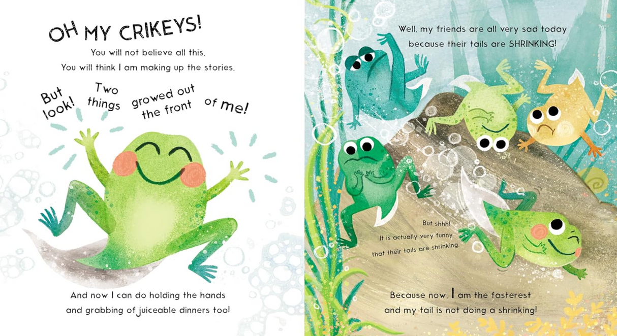 Illustration of smiling frogs and tadpoles underwater from the book We Are the Wibbly! by Sarah Tagholm.