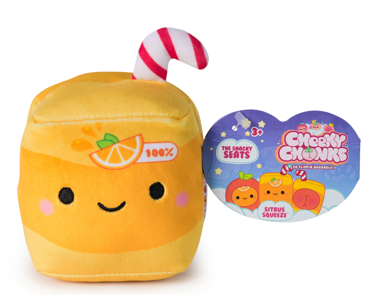 Cheeky Chonks Chonk citrus-themed plush toy with a smiling face and candy-striped straw accessory.