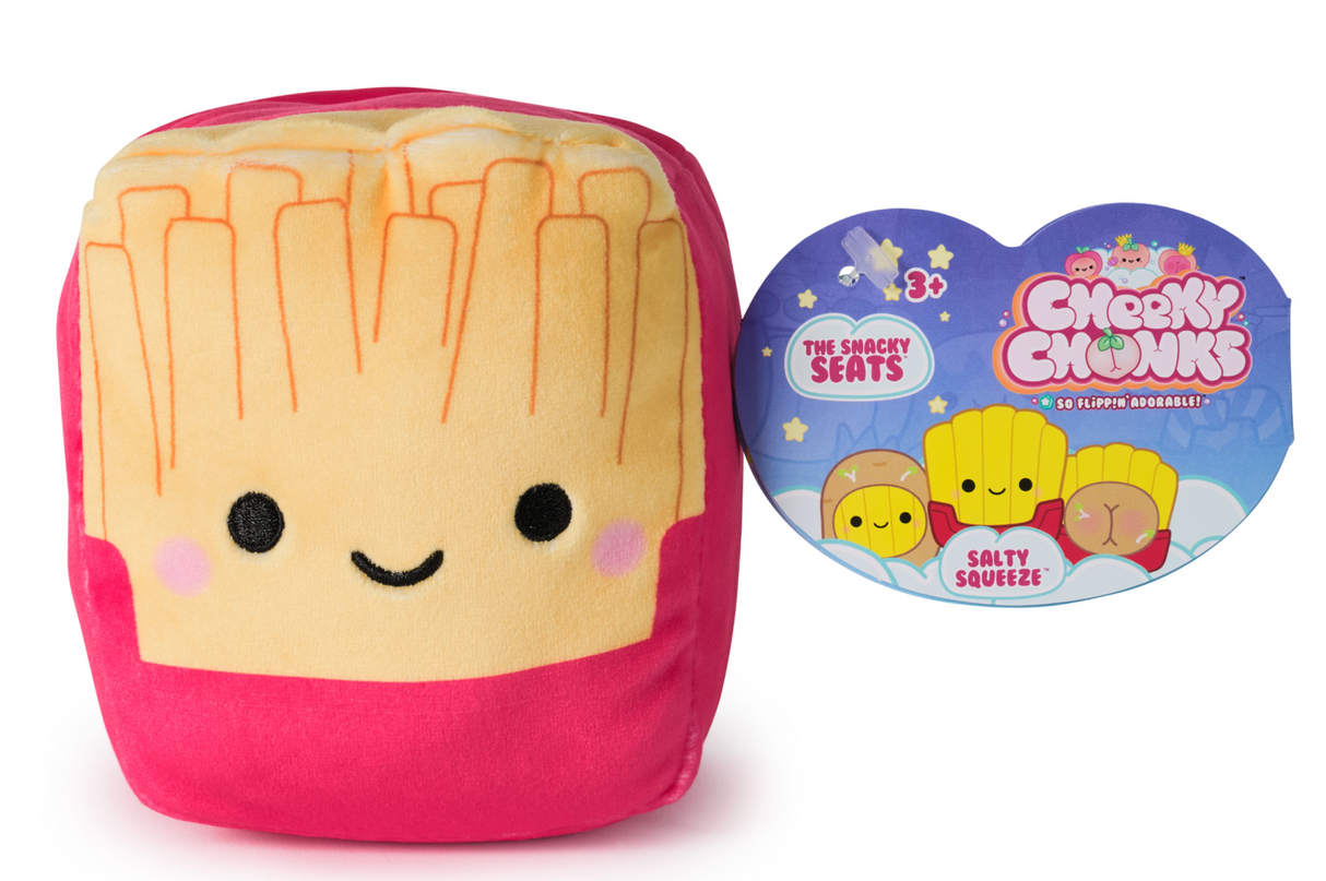 Cheeky Chonks Chonk plush toy shaped like smiling fries with soft, squishy texture and colorful packaging.