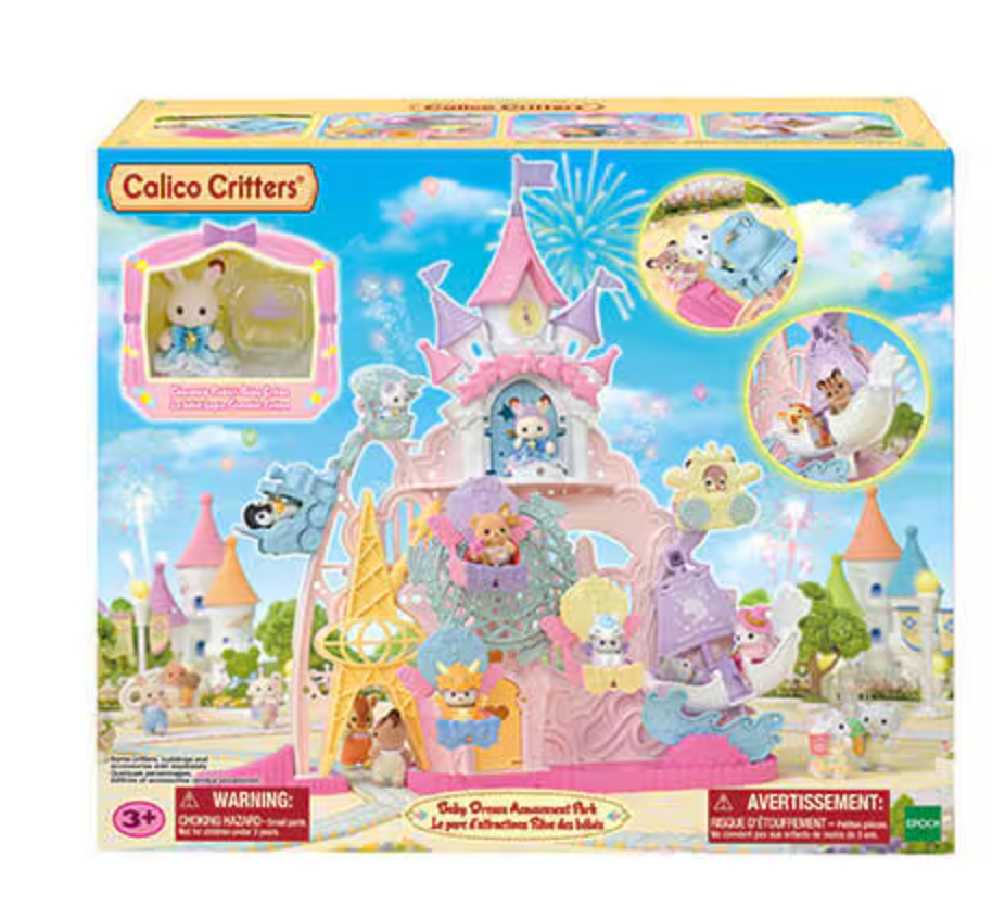 Baby Dream Amusement Park toy set with castle, clock, Ferris wheel, and princess Chocolate Rabbit figure.