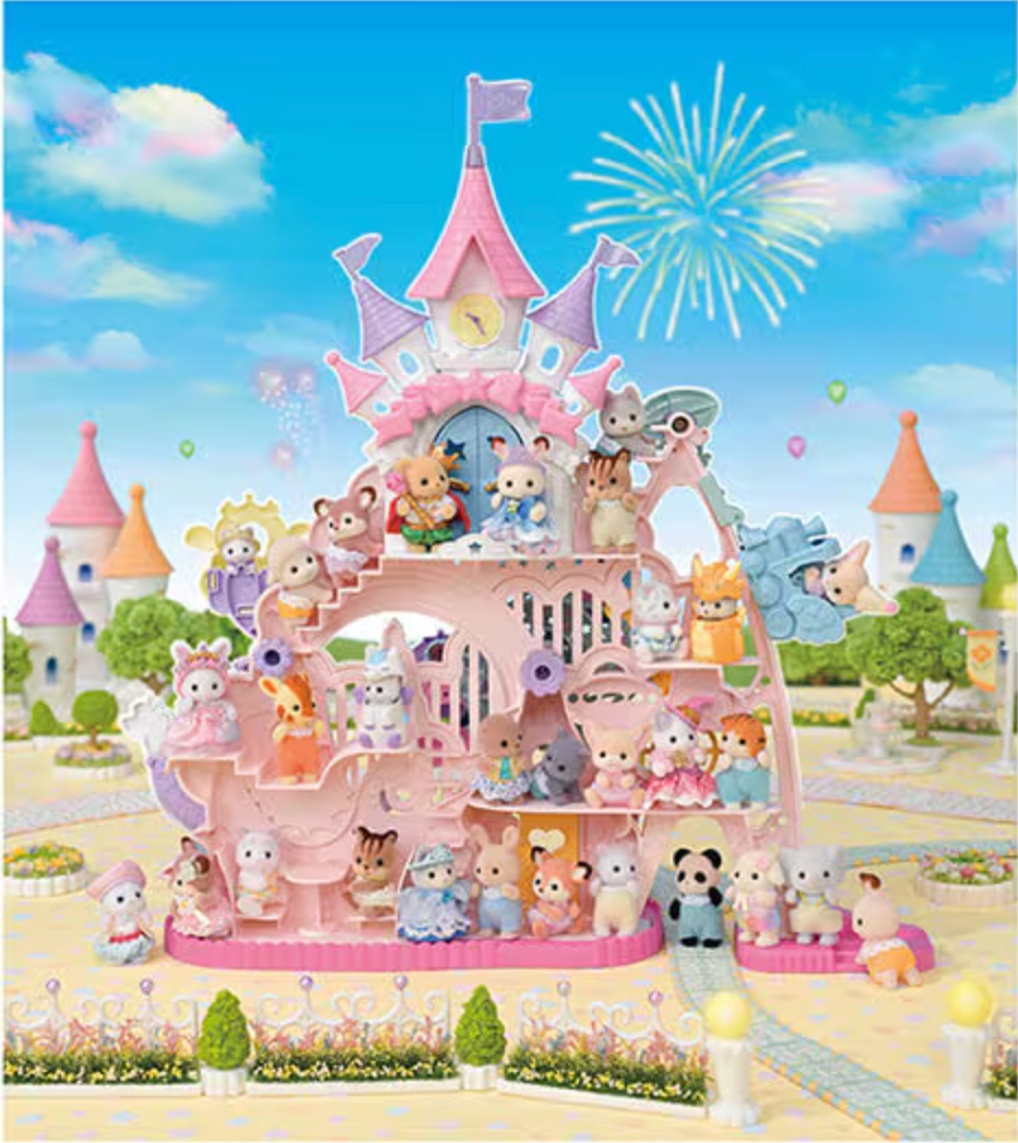 Baby Dream Amusement Park with a pink castle, clock, and various animal figures enjoying the attractions.