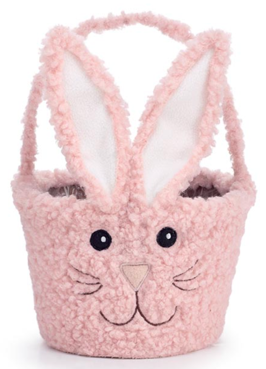 Pink Bunny Face Basket with soft pink curly fur, embroidered eyes, whiskers, and felt nose for Easter treats.