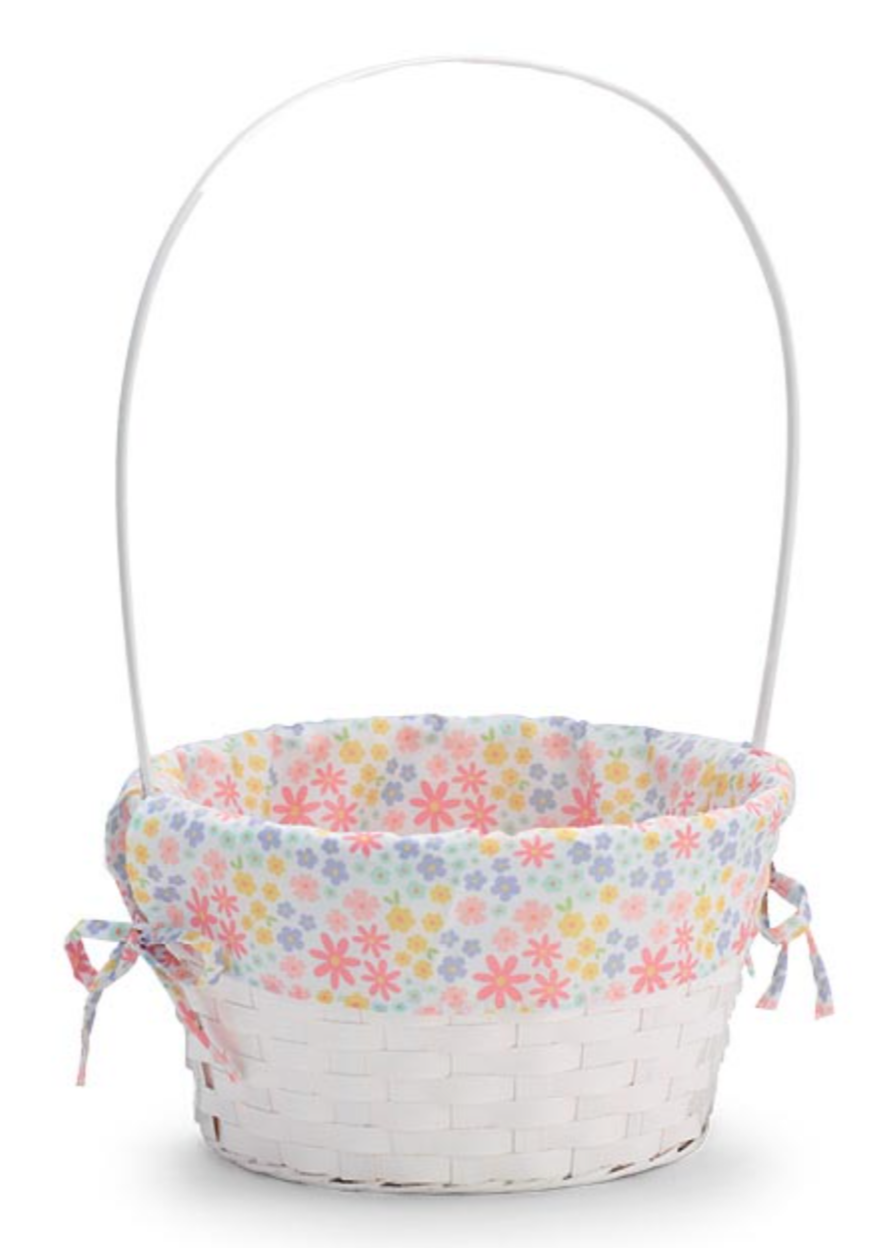 Eggcellent White Basket with white bamboo weave and floral fabric liner in pink, teal, lavender, peach, and yellow.