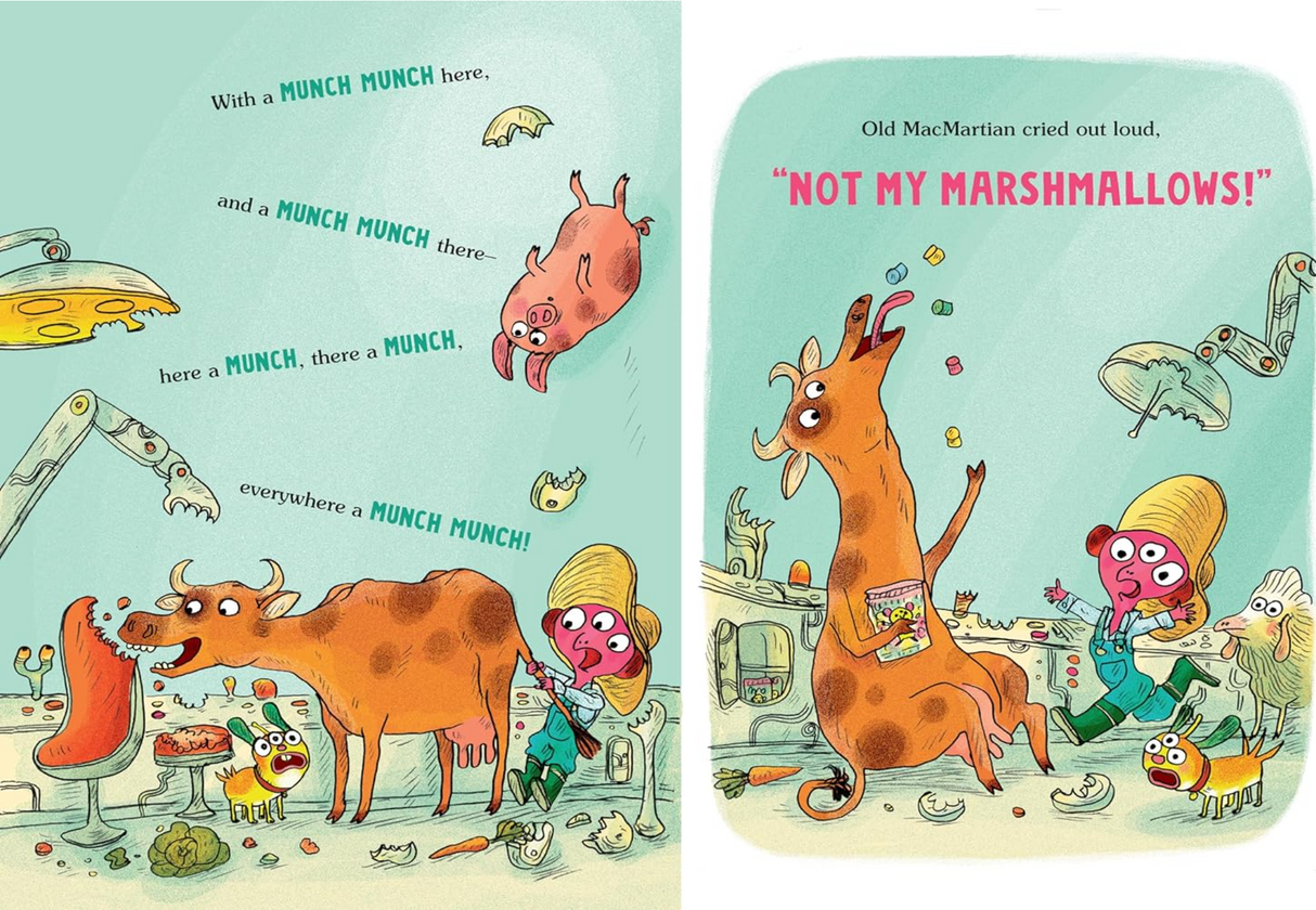 E-I-UFO book illustration shows animals and Old MacMartian with his three-eyed dog amid spaceship chaos.