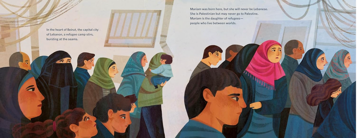 Illustration from Mariam's Dream showing diverse women and children in a refugee camp setting, emphasizing community and hope.