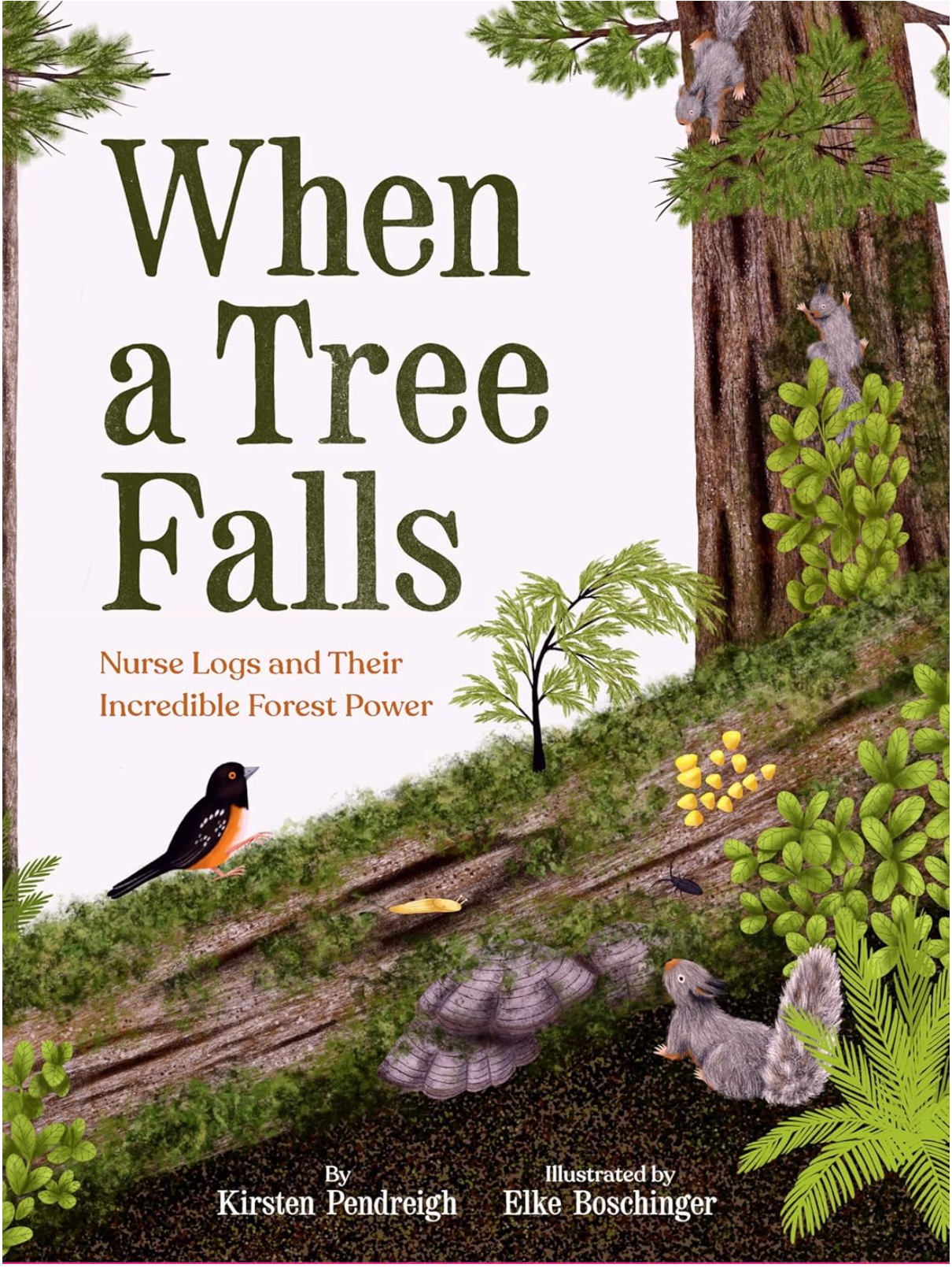 Cover of "When a Tree Falls" showing a forest scene with animals, plants, and a nurse log in nature.