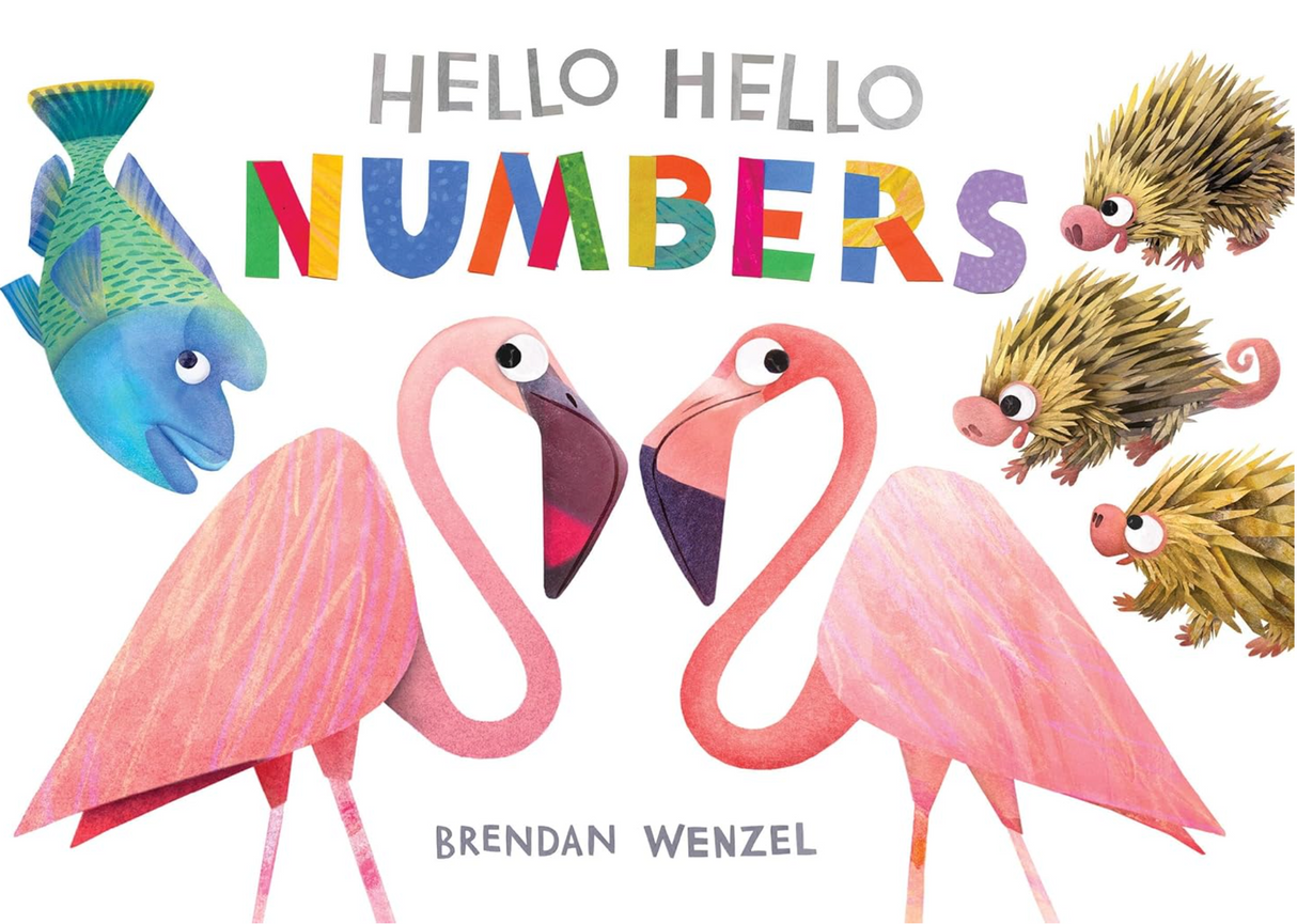 Hello Hello Numbers book cover with colorful animals including flamingos, fish, and porcupines for early counting fun.