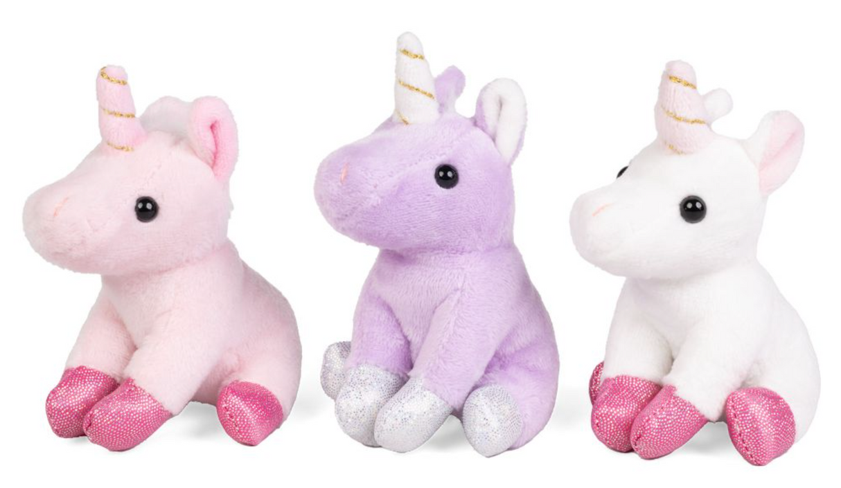 Little Buddies Unicorn plush toys in pink, purple, and white with shiny hooves, perfect for imaginative play and friendship.