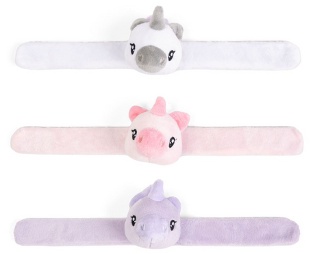 Little Band | Unicorn Face plush snap bracelets in white, pink, and purple for kids inspired by 90's revival trend.