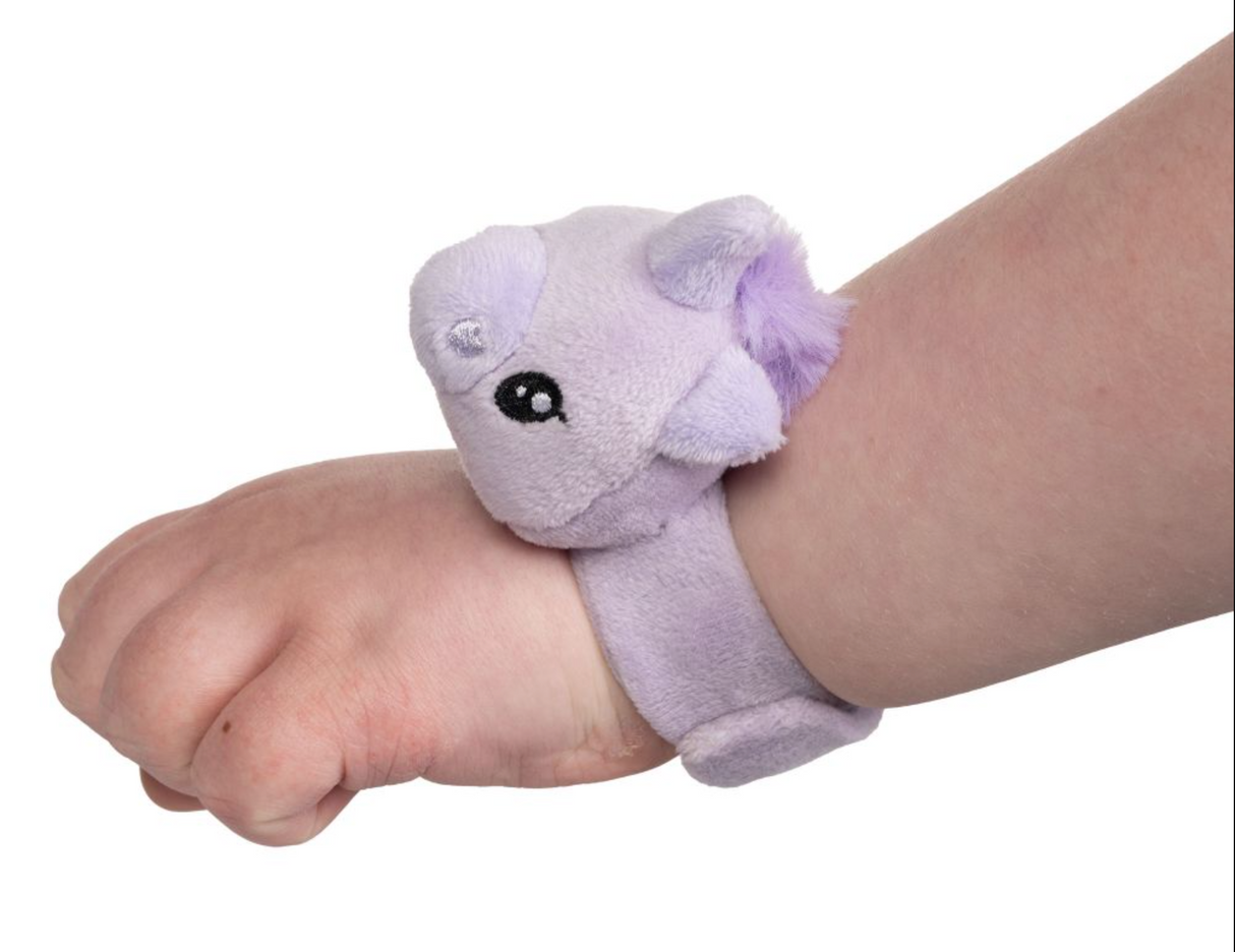 Little Band | Unicorn Face plush slap band bracelet wrapped around a child's wrist in soft purple color.