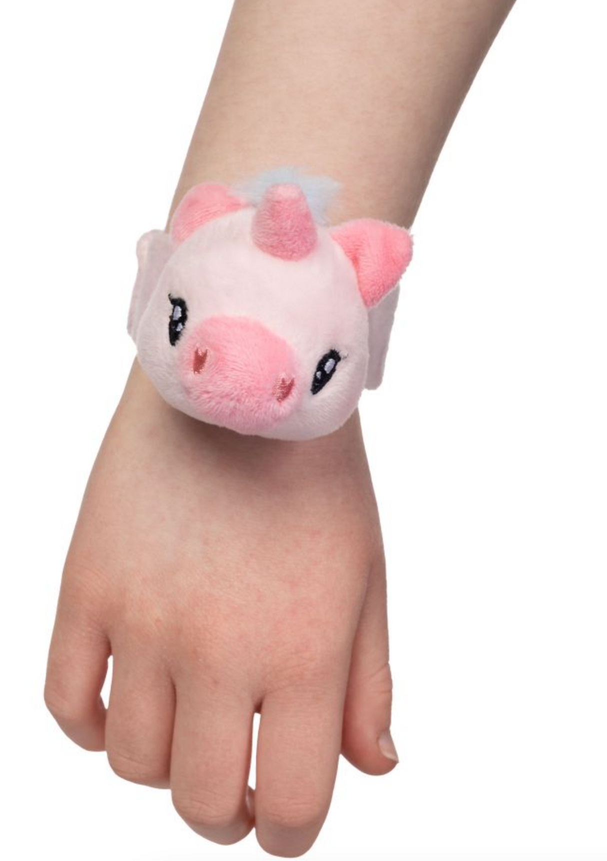 Little Band | Unicorn Face plush slap bracelet worn on wrist with a soft pink unicorn design.