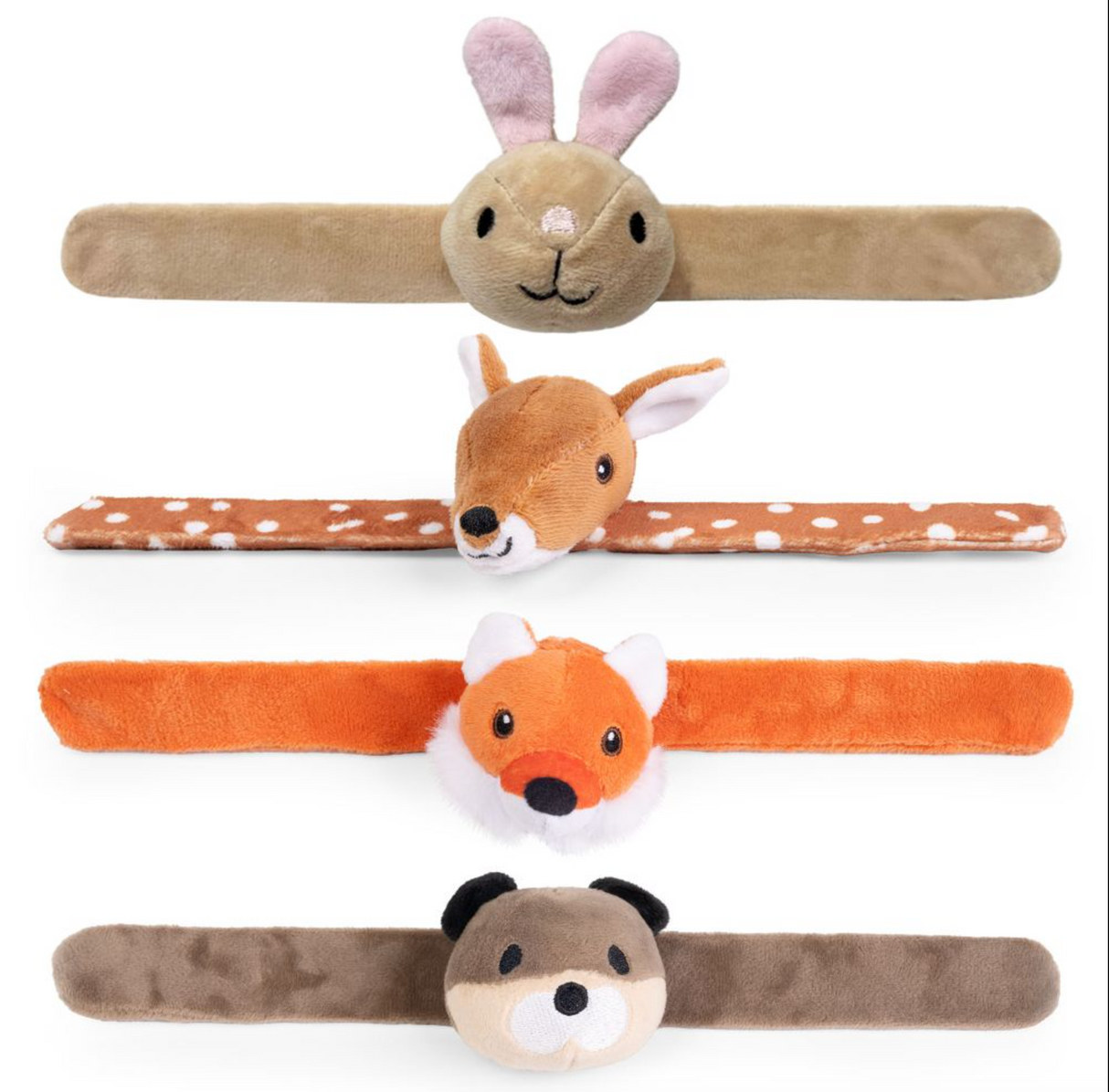Little Band | Woodland Face plush slap bracelets with bunny, deer, fox, and bear designs for kids aged 3 and up.