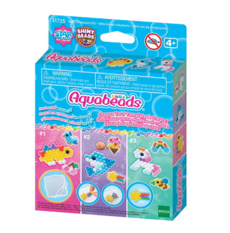 Aquabeads Mini Creations Kit with colorful water-activated beads, templates, and tools for crafting sparkling designs.