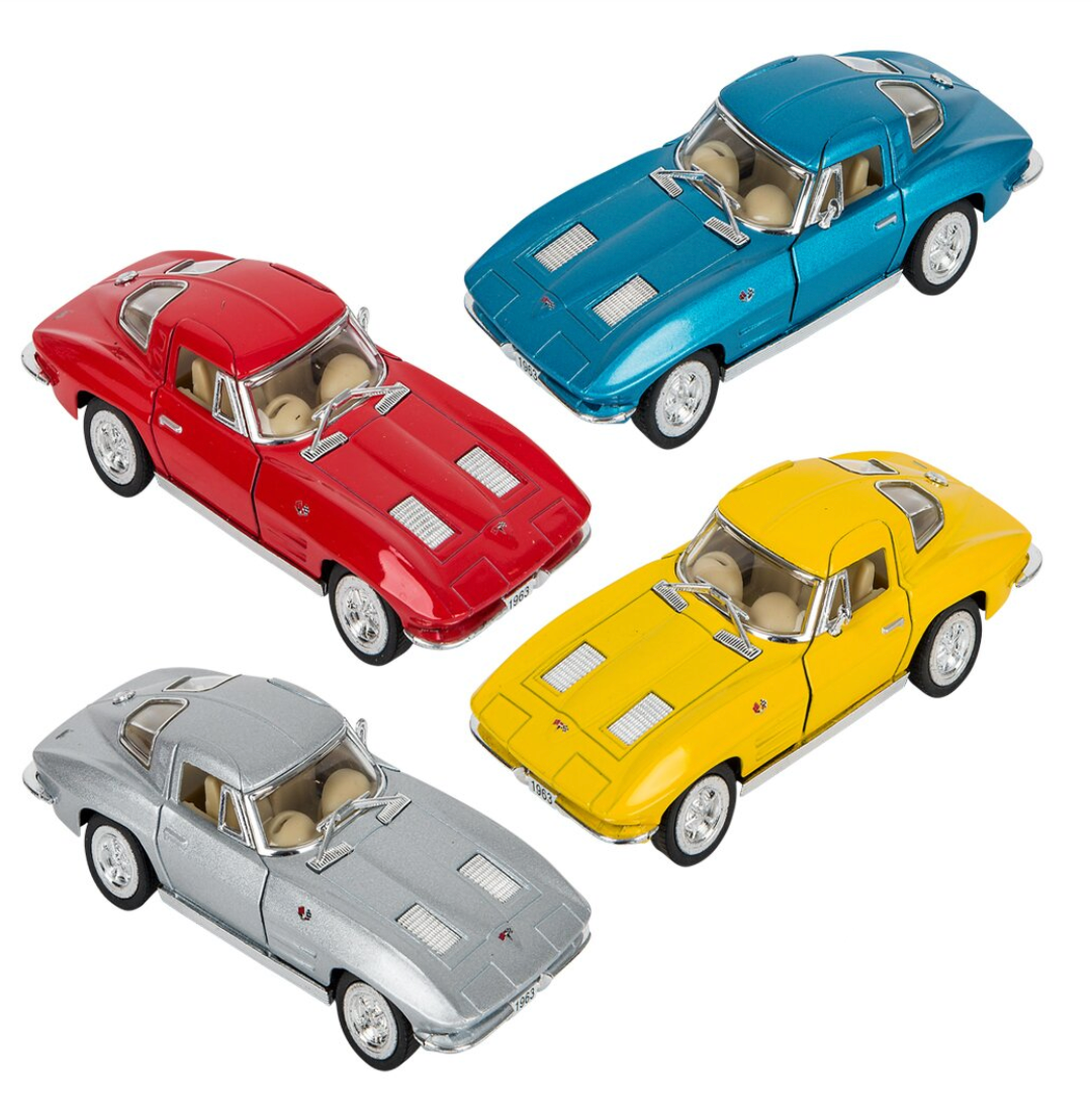 Five-inch die-cast Corvette Sting Ray toy cars in red, blue, yellow, and silver with functional doors.