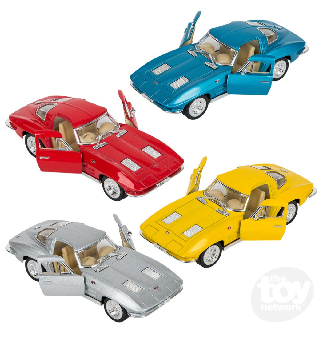 Four 5" Die-Cast 1963 Corvette Sting Ray cars in blue, red, yellow, and silver with open doors.