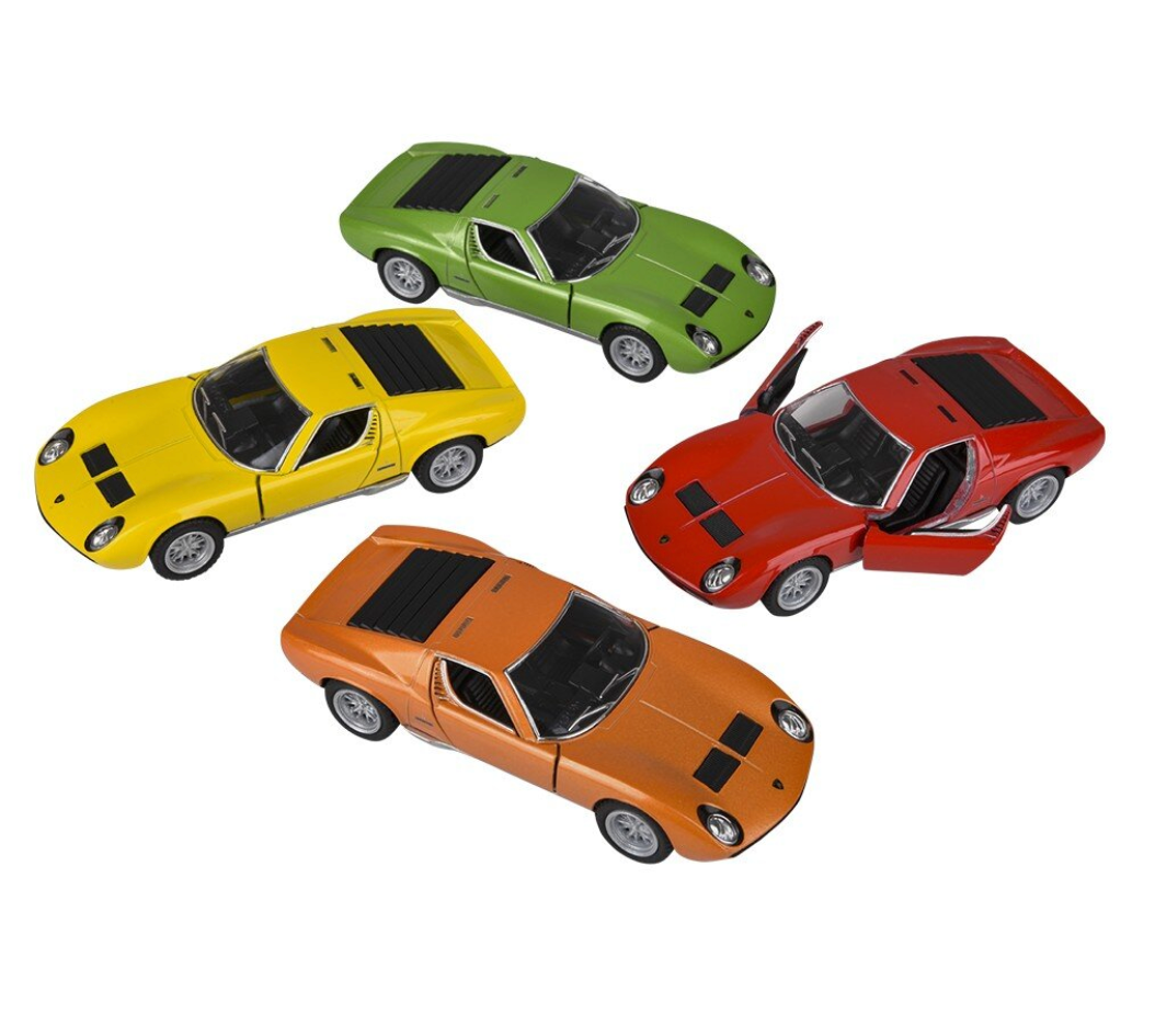 Four 5" Diecast Pull Back 1971 Lamborghini Miura P400 SV cars in assorted colors with one car door open.