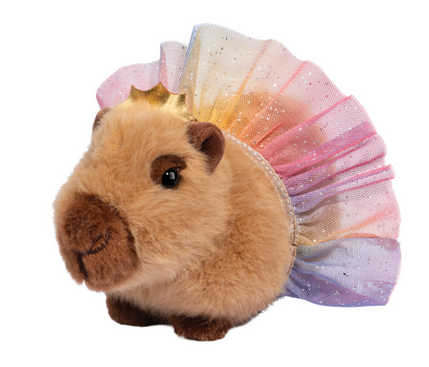 Capybara w/Tutu plush toy with soft fabric, rainbow sparkly tutu, perfect for hugging or quirky decor.
