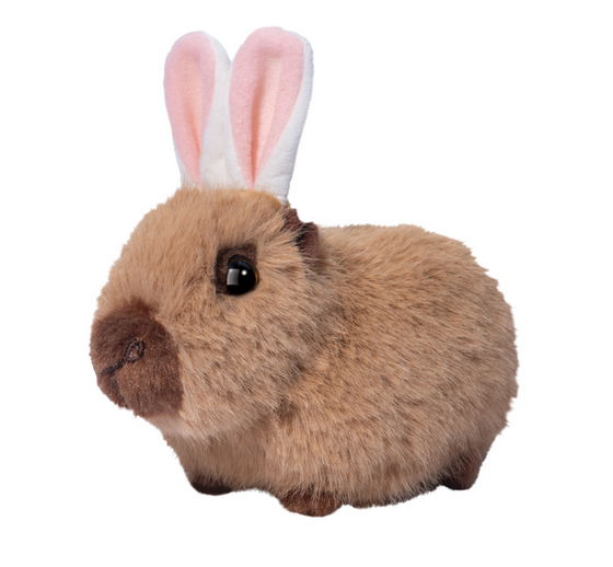 Capybara Cappie plush toy with soft brown fur and pink bunny ears, perfect for cuddling and Easter gifts.