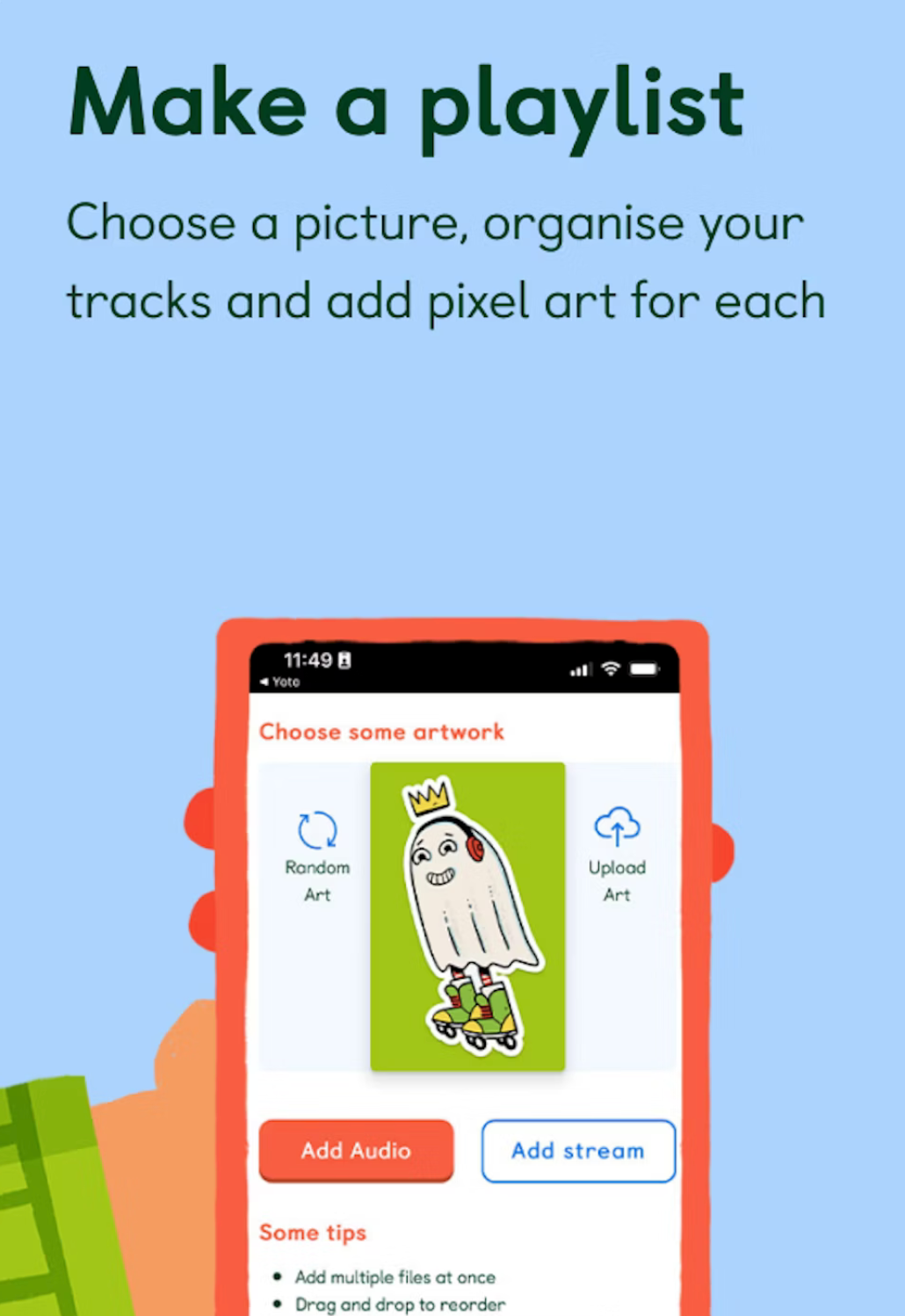 Yoto | Make Your Own Cards showing playlist creation with picture, track organization, and pixel art on mobile app screen.