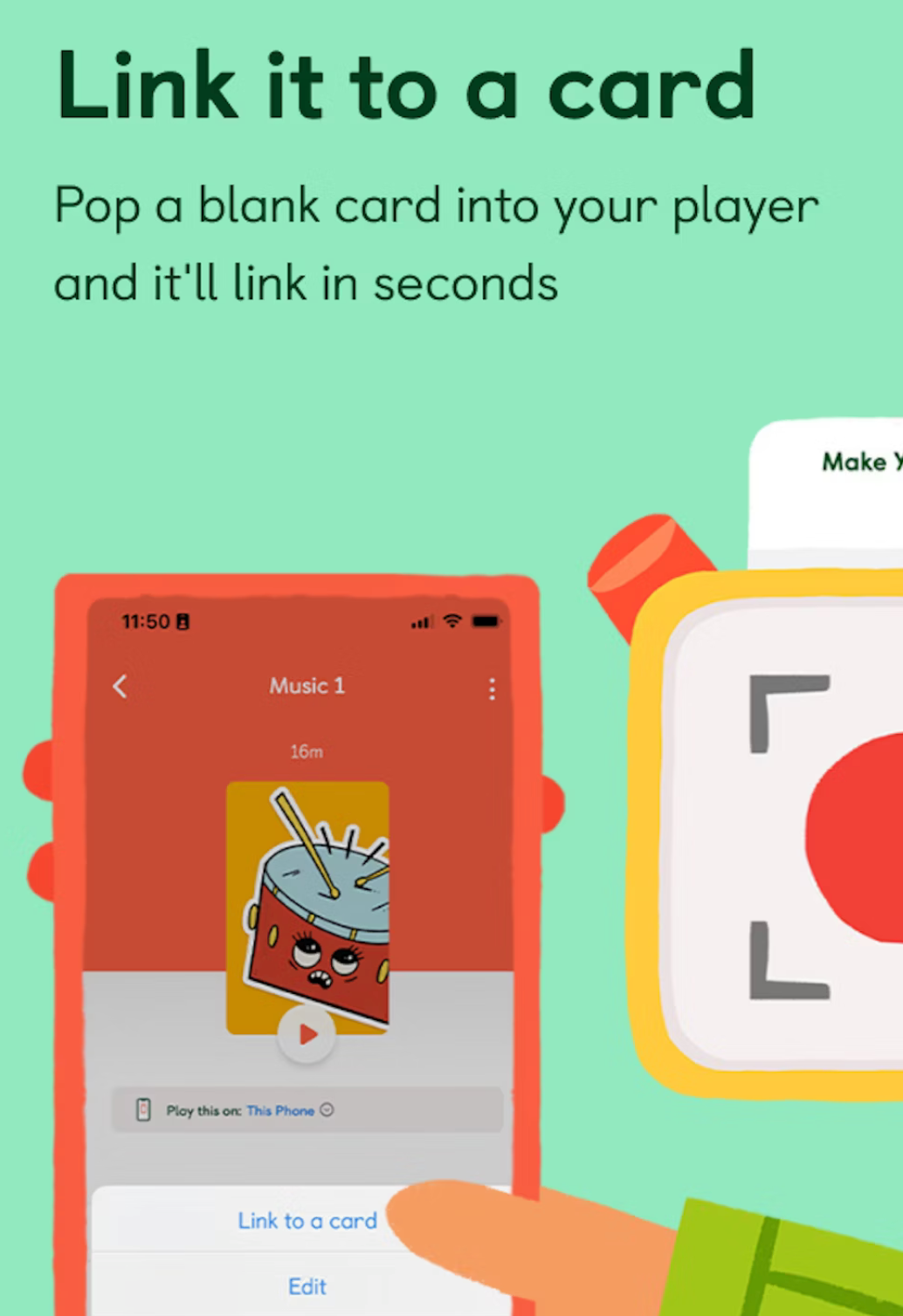 Yoto | Make Your Own Cards showing how to link a blank card to the player quickly using the Yoto app on a smartphone.
