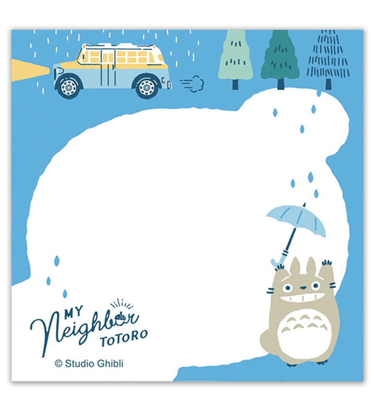 My Neighbor Totoro Memo Pad featuring Totoro with umbrella and car in a rain scene for notes and reminders.