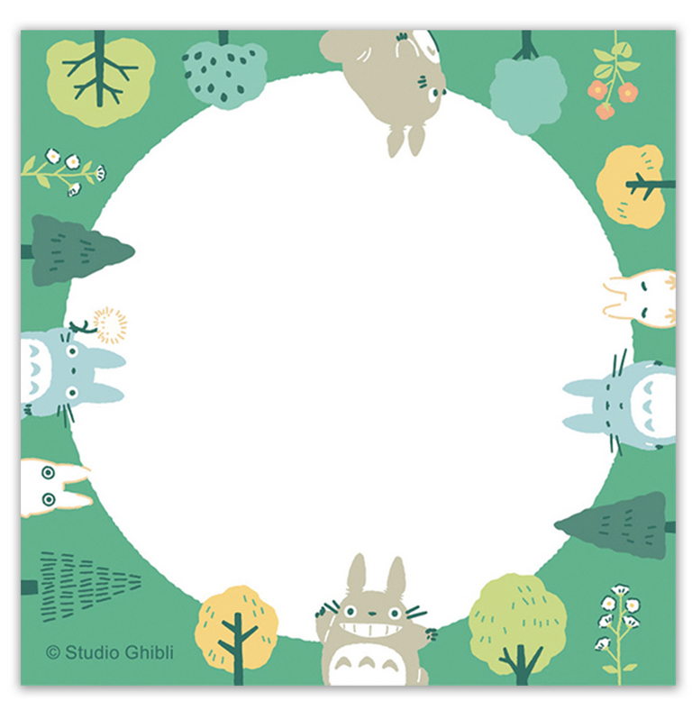 My Neighbor Totoro Memo Pad with Totoro and friends illustrated around a white circular writing space on green background.