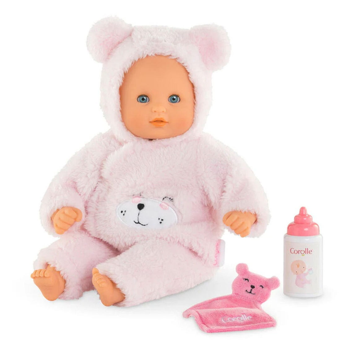 Calin Loving Teddy Bear doll in pink bear suit with blue eyes, bottle, and lovey for toddlers 18 months plus.
