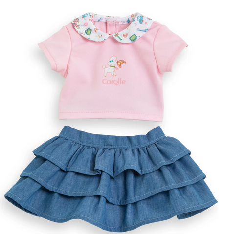 12in Weekend in Paris T-Shirt & Ruffled Skirt set with pink top and blue tiered skirt for imaginative play, age 18m+