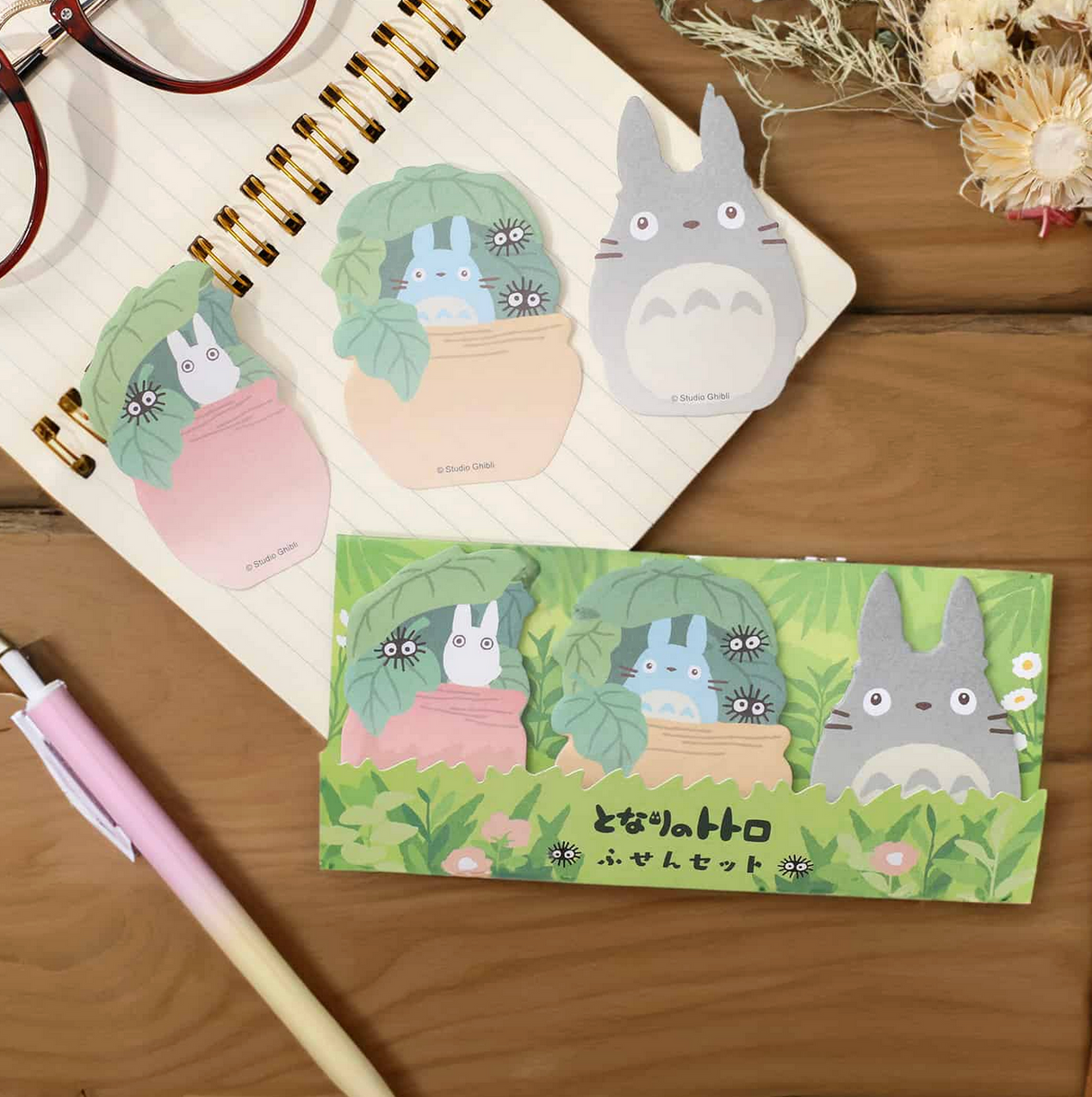 My Neighbor Totoro Sticky Note Set featuring Totoro and friends in cute plant pot designs for notes and reminders.
