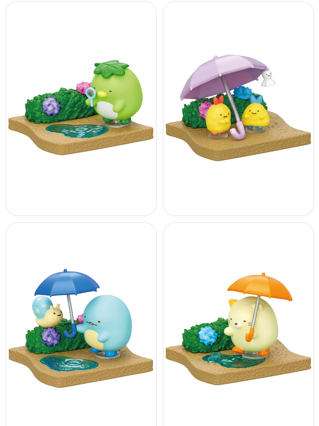 Re-Ment | Sumikkogurashi Walking on a Rainy Day Blind Box featuring cute characters with umbrellas on rainy bases.