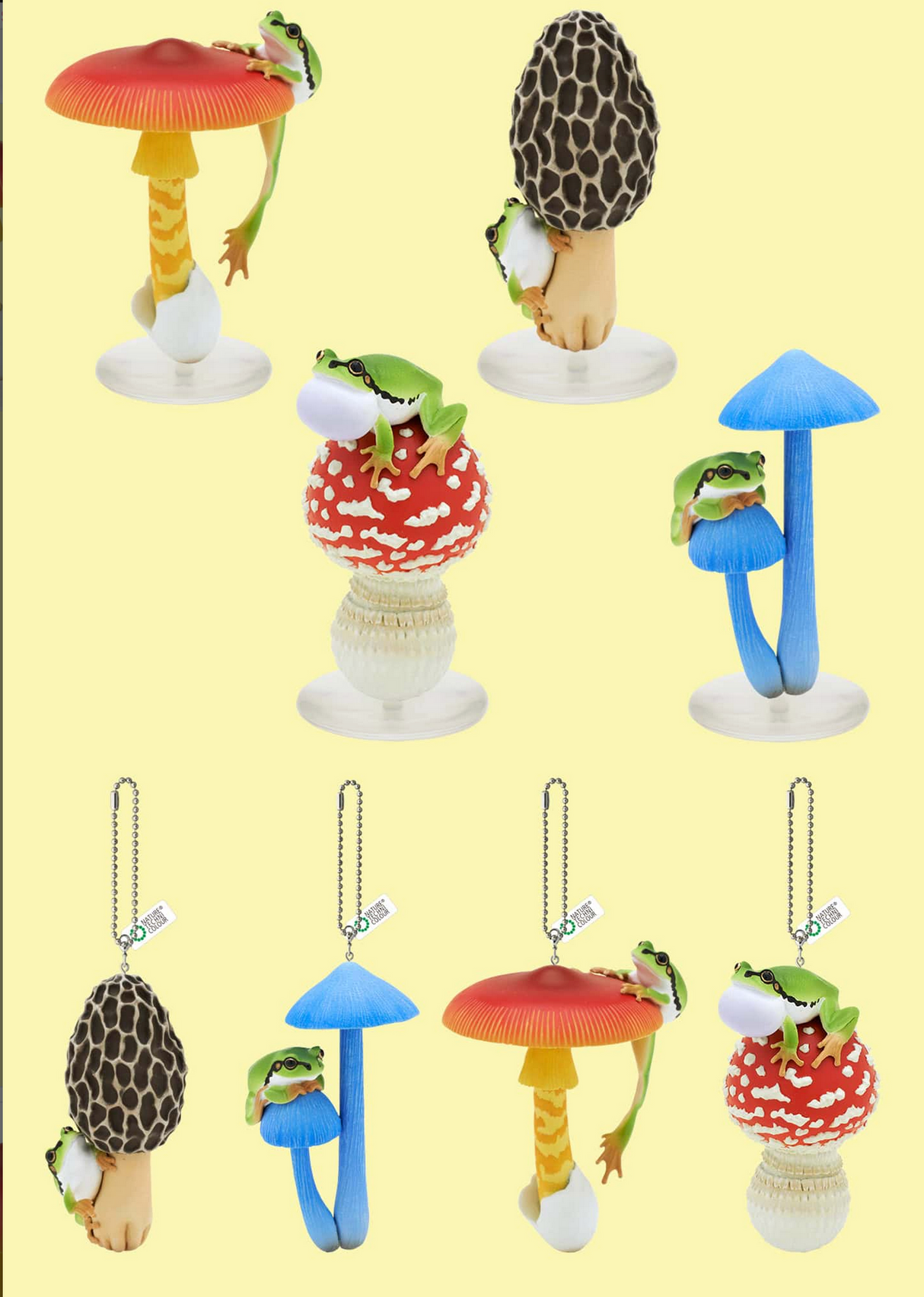 Mushroom and Frog Blind Box Vol 2 showing detailed frog miniatures and keychains on colorful mushroom designs.