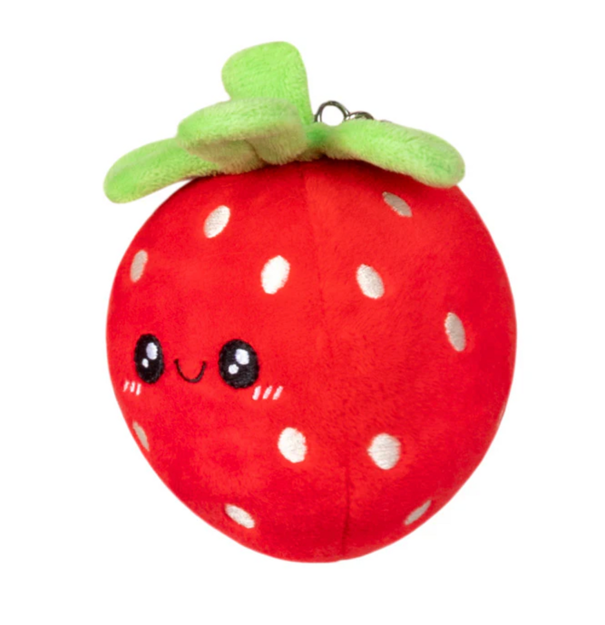 Strawberry Micro plush with smiling face and green leaves, small soft toy with metal clip for kids ages 3 and up.