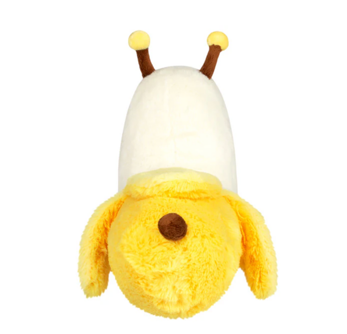 Banana Slug Mini plush toy shown from the back with soft yellow body and white head with antennae.
